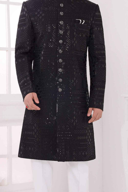 Black Art Silk Sherwani (NMK-9049)
