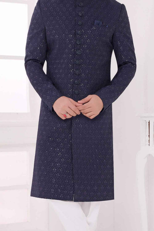 Navy Blue Art Silk Embroidered Sherwani (NMK-9051)
