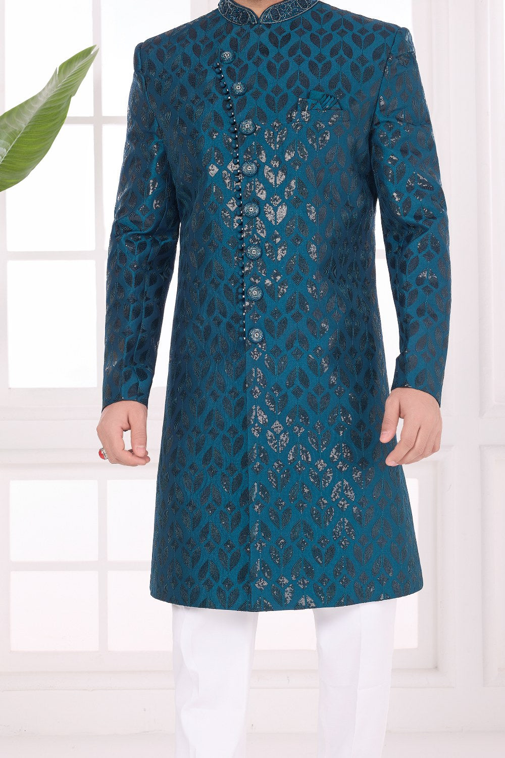 Teal Green Art Silk Mens Sherwani (NMK-9054)