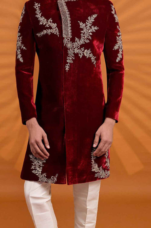 Maroon Velvet Mens Sherwani (NMK-9071)