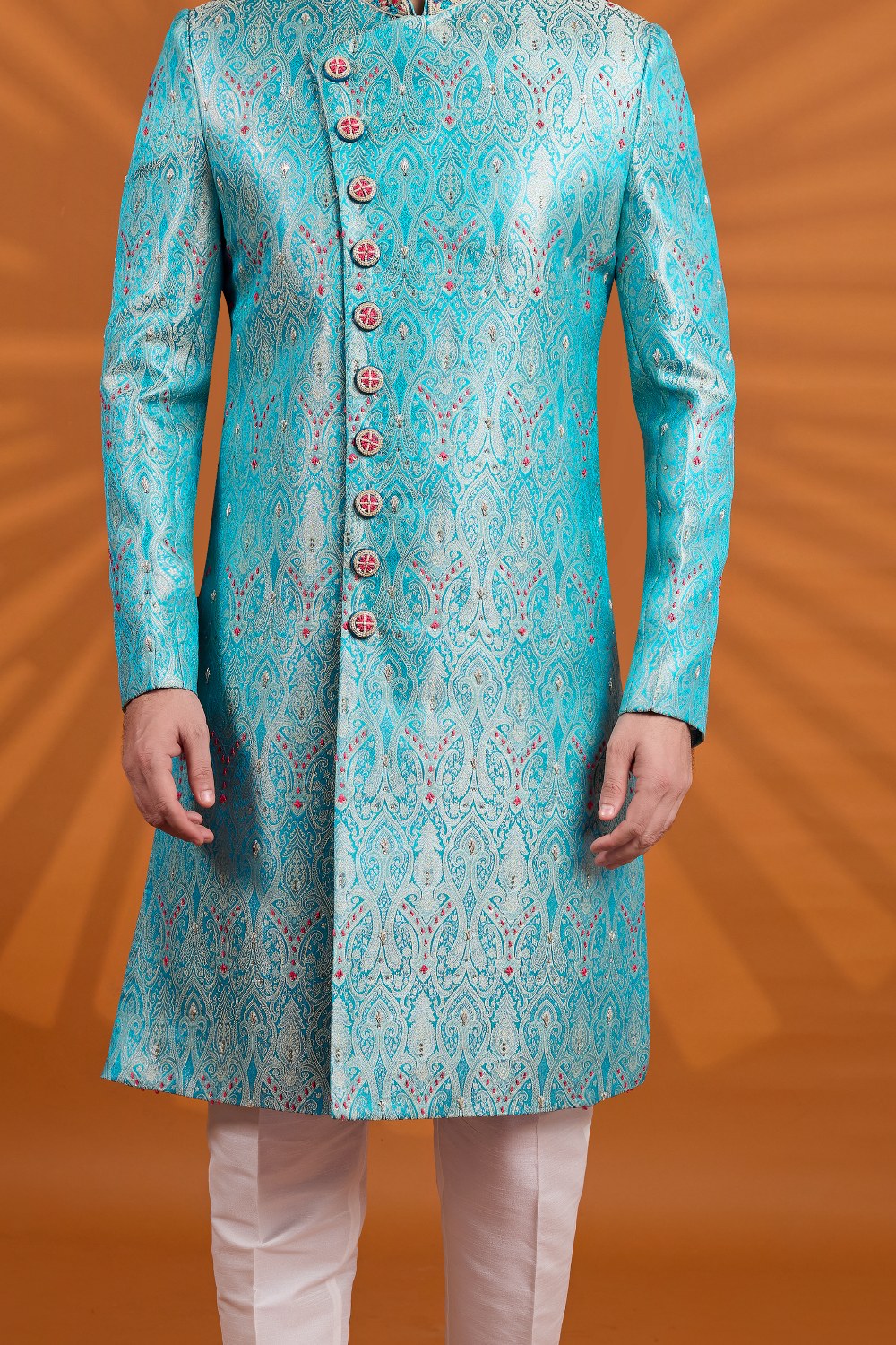 Blue Banarasi Jaquard Sherwani (NMK-9072)