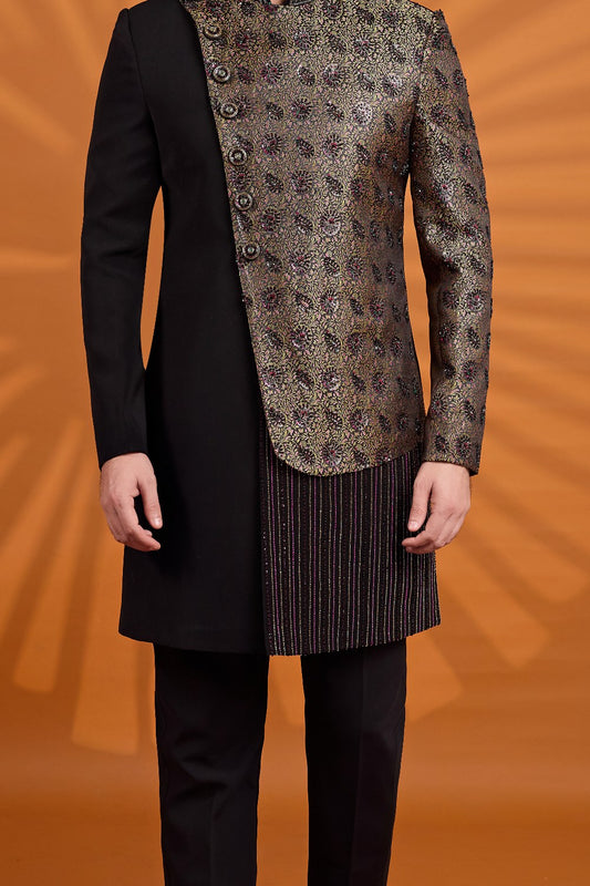 Black Banarasi Jaquard Indo Western (NMK-9074)