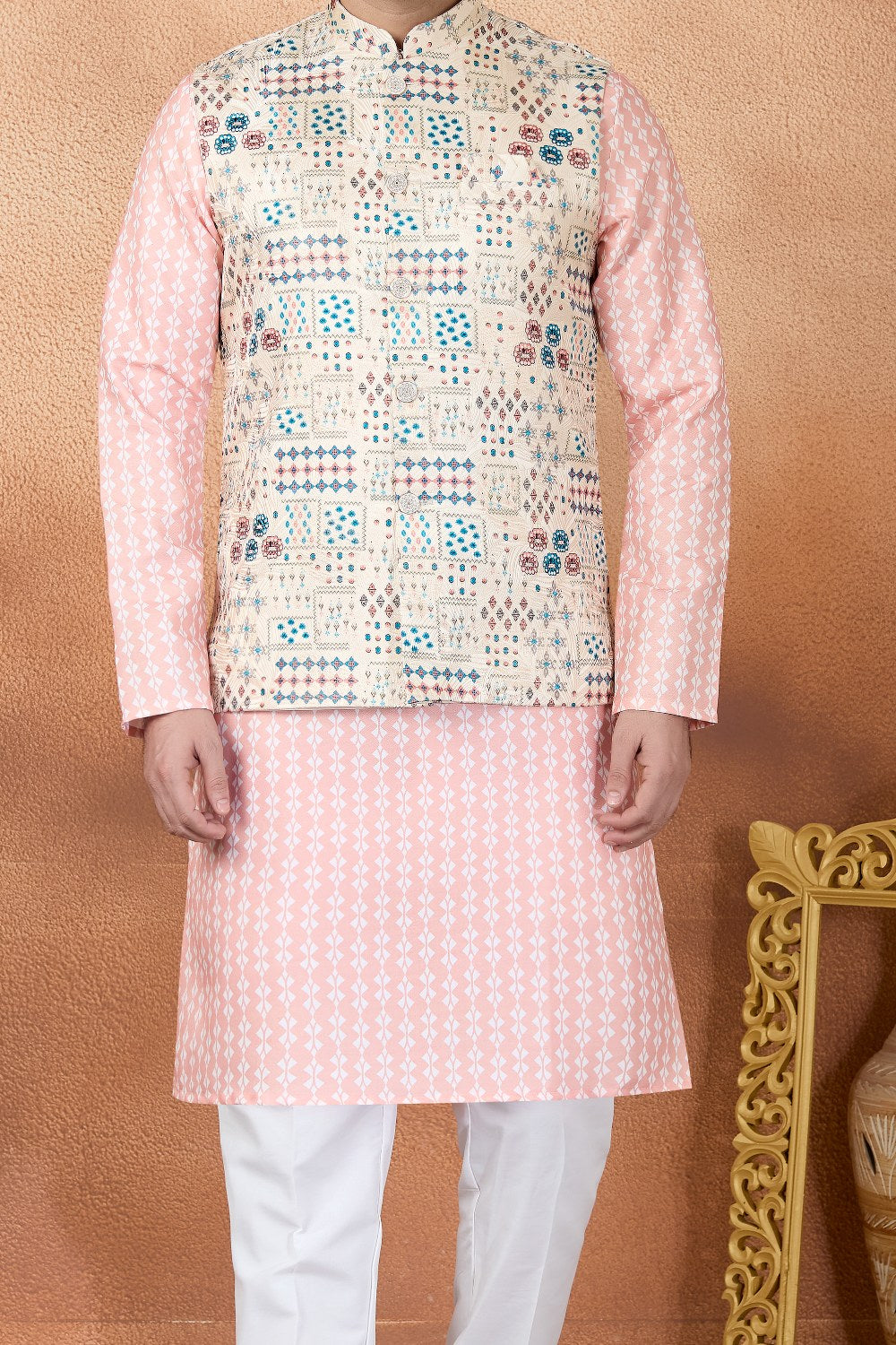 Pink Jaquard Nehru Jacket (NMK-9084)