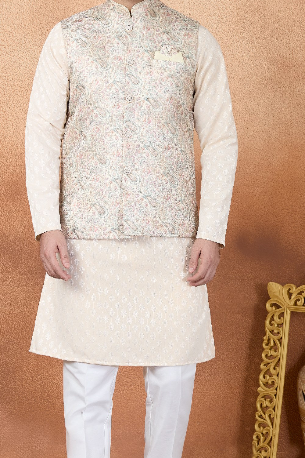 Beige Jaquard Nehru Jacket (NMK-9086)