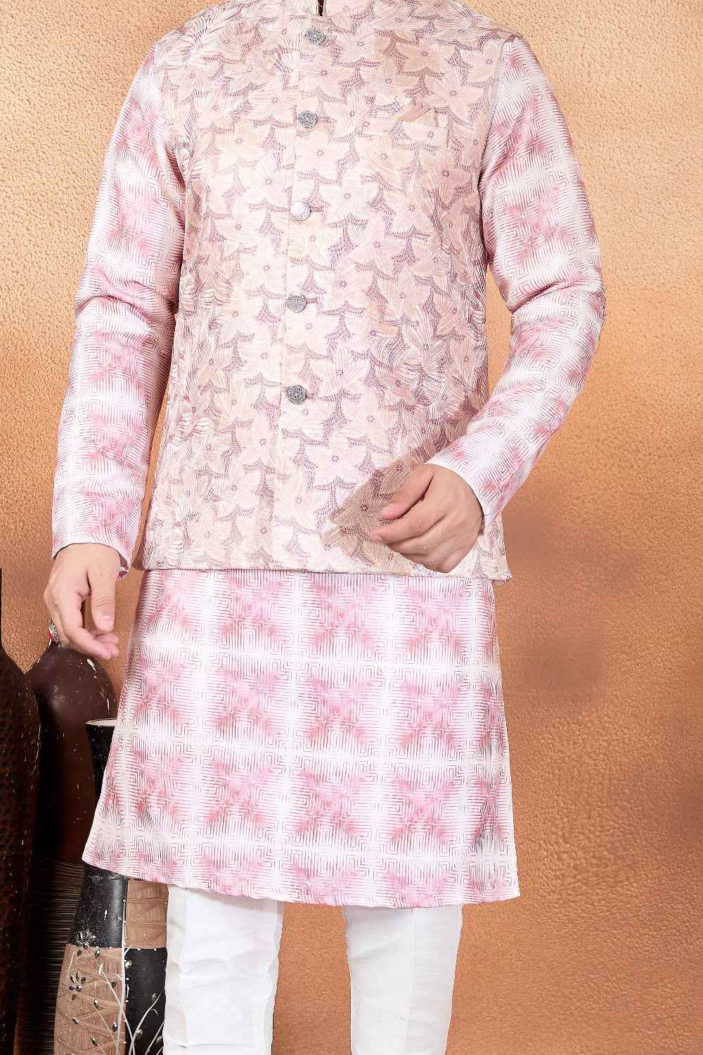 Pink Jaquard Nehru Jacket (NMK-9088)