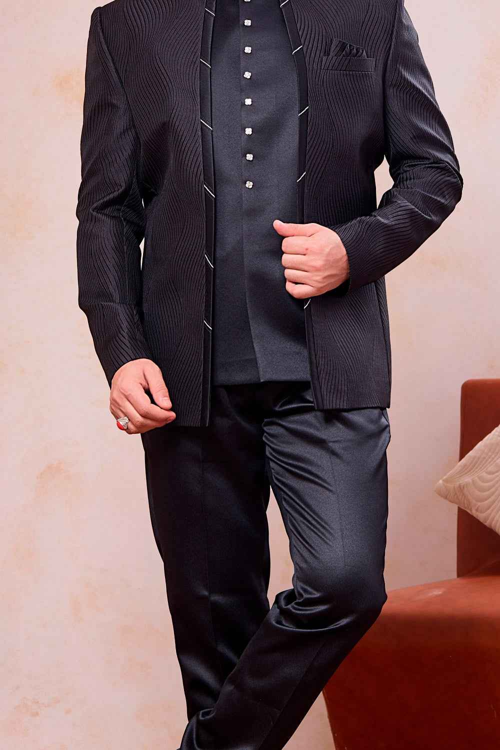 Black Imported Jaquard Mens Jodhpuri (NMK-9119)