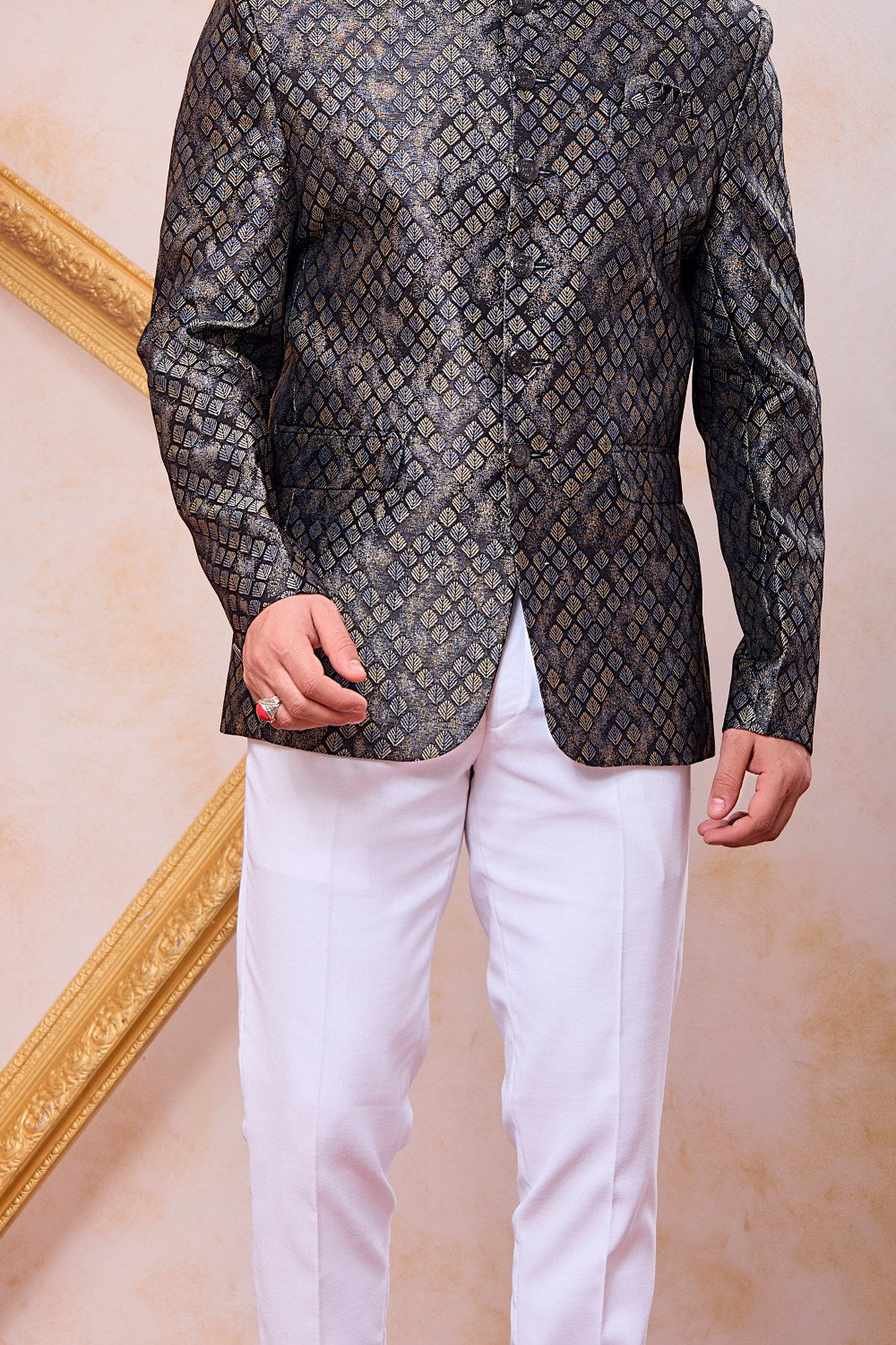 Black Imported Jaquard Jodhpuri for Men (NMK-9121)