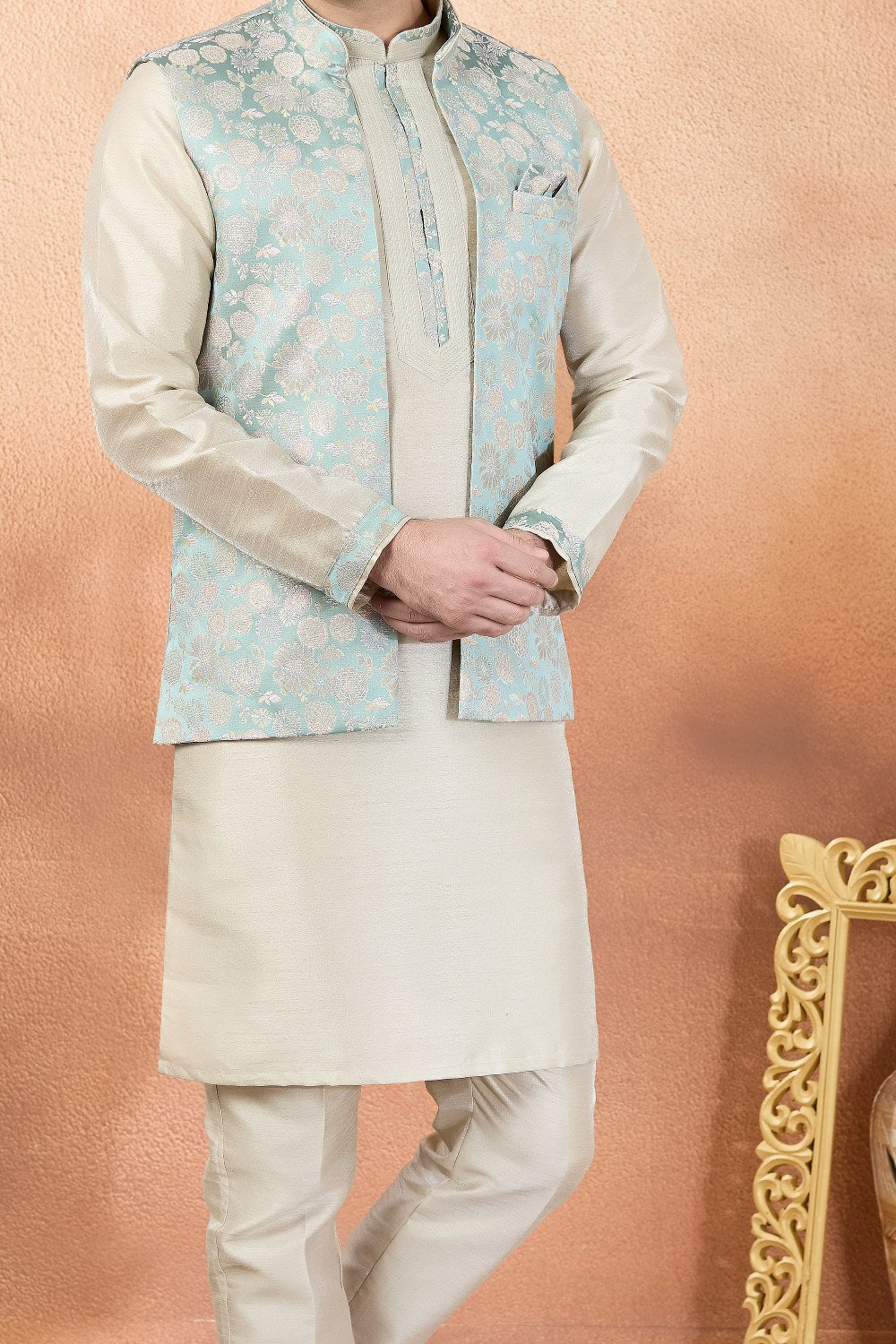 Beige Jaquard Nehru Jacket (NMK-9144)