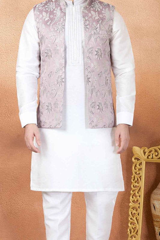 Cream Jaquard Nehru Jacket (NMK-9147)