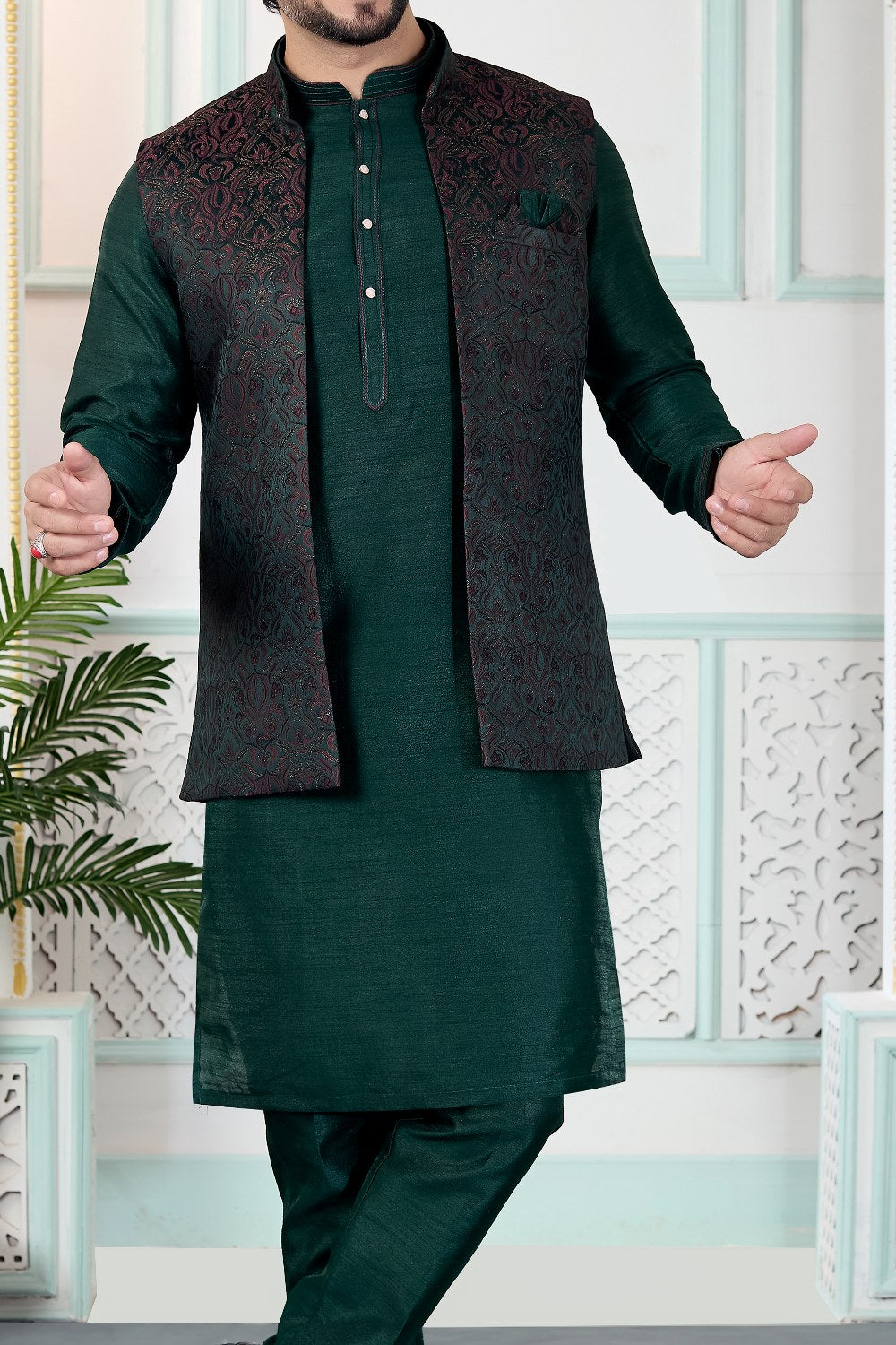 Green Jaquard Nehru Jacket (NMK-9148)