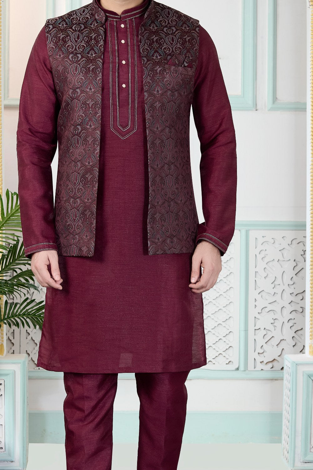 Wine Jaquard Nehru Jacket (NMK-9149)