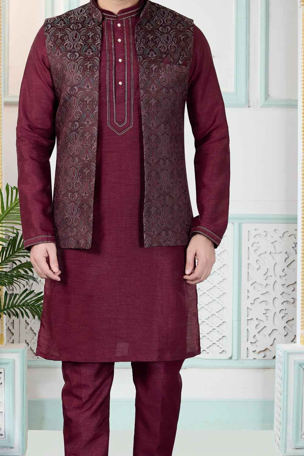 Wine Jaquard Nehru Jacket (NMK-9149)