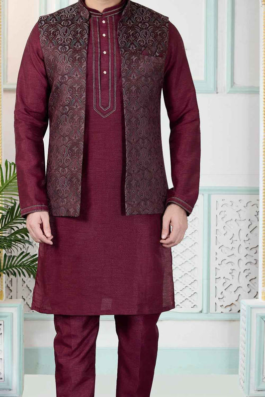Wine Jaquard Nehru Jacket (NMK-9149)