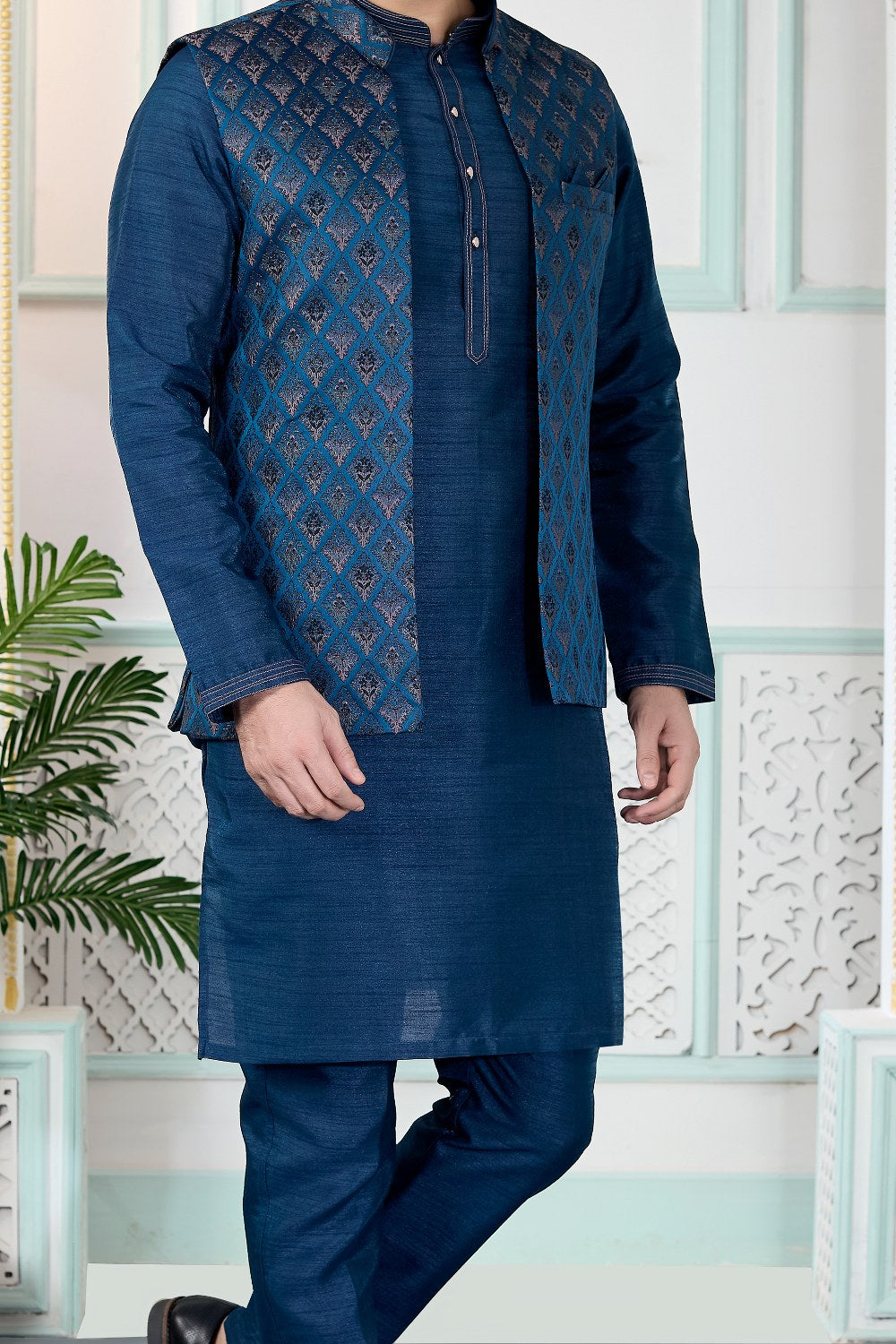Blue Jaquard Mens Nehru Jacket (NMK-9151)