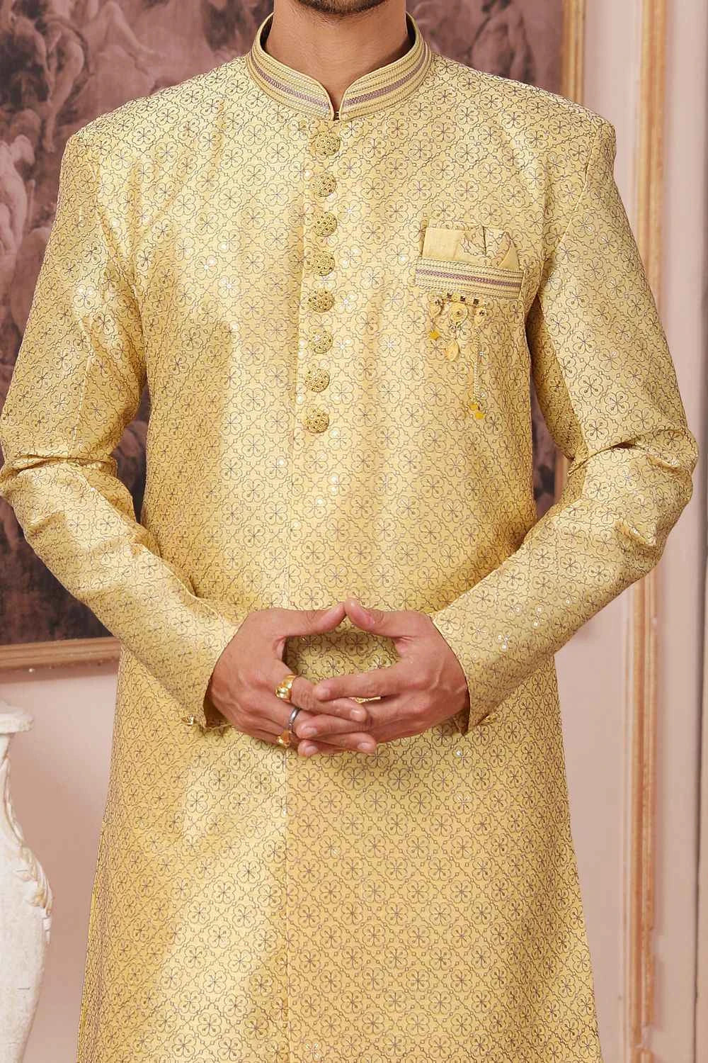 Art Embroidered Silk Yellow Mens Indo Western (NMK-6506)