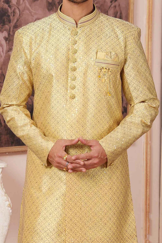 Art Embroidered Silk Yellow Mens Indo Western (NMK-6506)