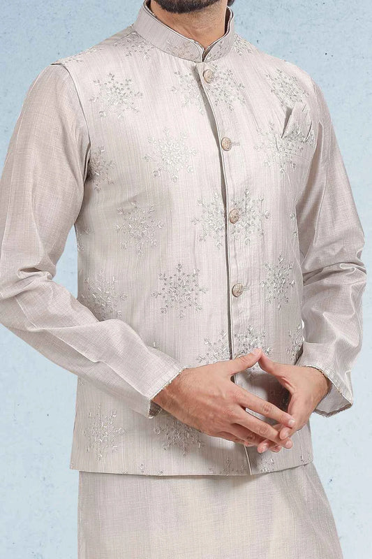Art Silk Grey Embroidered Mens Nehru Jacket (NMK-6473)