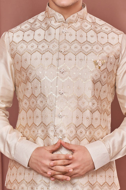 Beige Art Banarasi Silk Nehru Jacket (NMK-7402) - Nihal Fashions