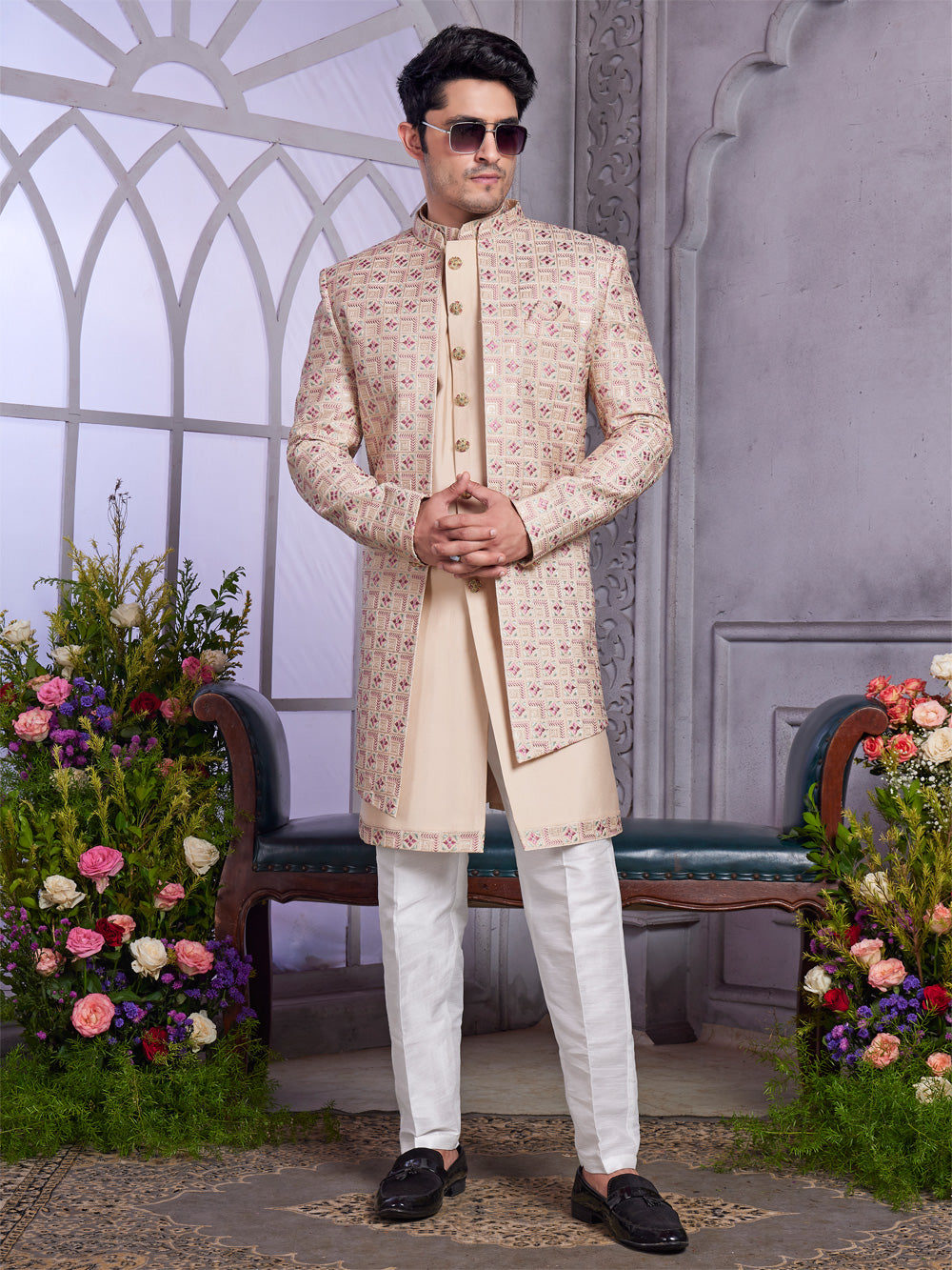 Beige Art Silk 2 Pcs Jacket Set (NMK-8319) - Nihal Fashions