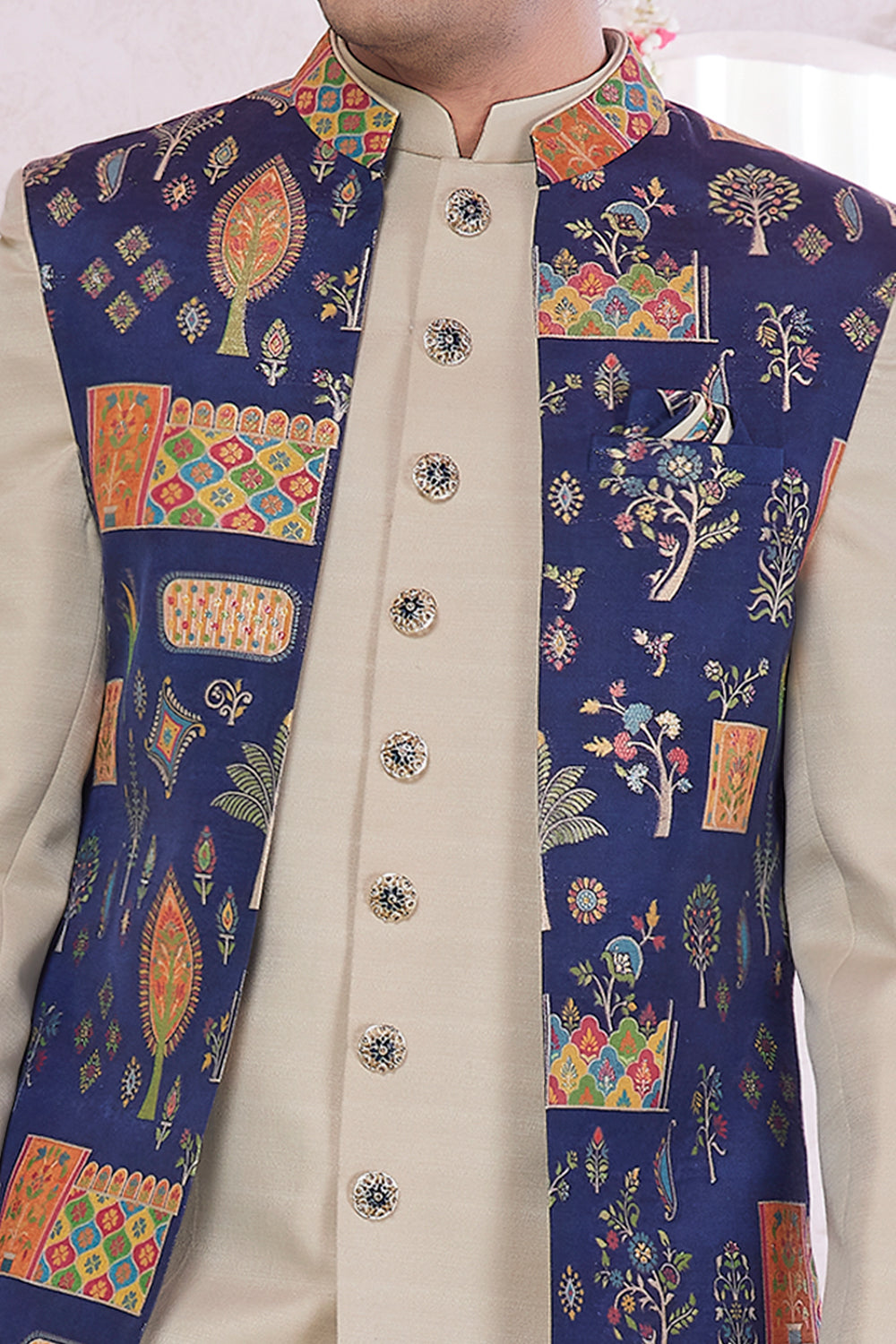Beige Art Silk 3 piece Jacket Set (NMK-8409) - Nihal Fashions
