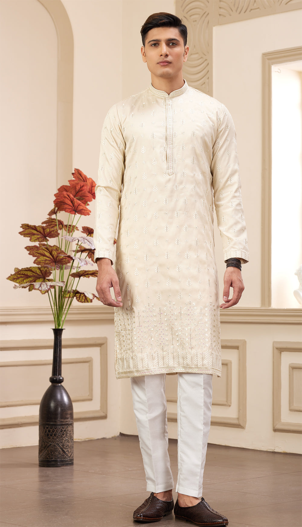 Beige Art Silk Kurta Pajama (NMK-8382) - Nihal Fashions