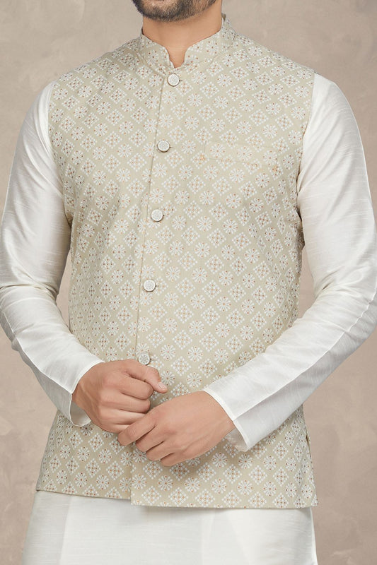Beige Art Silk Mens Nehru Jacket (NMK-6963) - Nihal Fashions