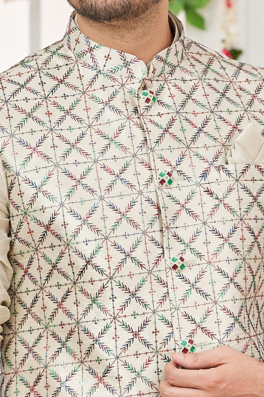 Beige Art Silk Mens Nehru Jacket (NMK-7976) - Nihal Fashions