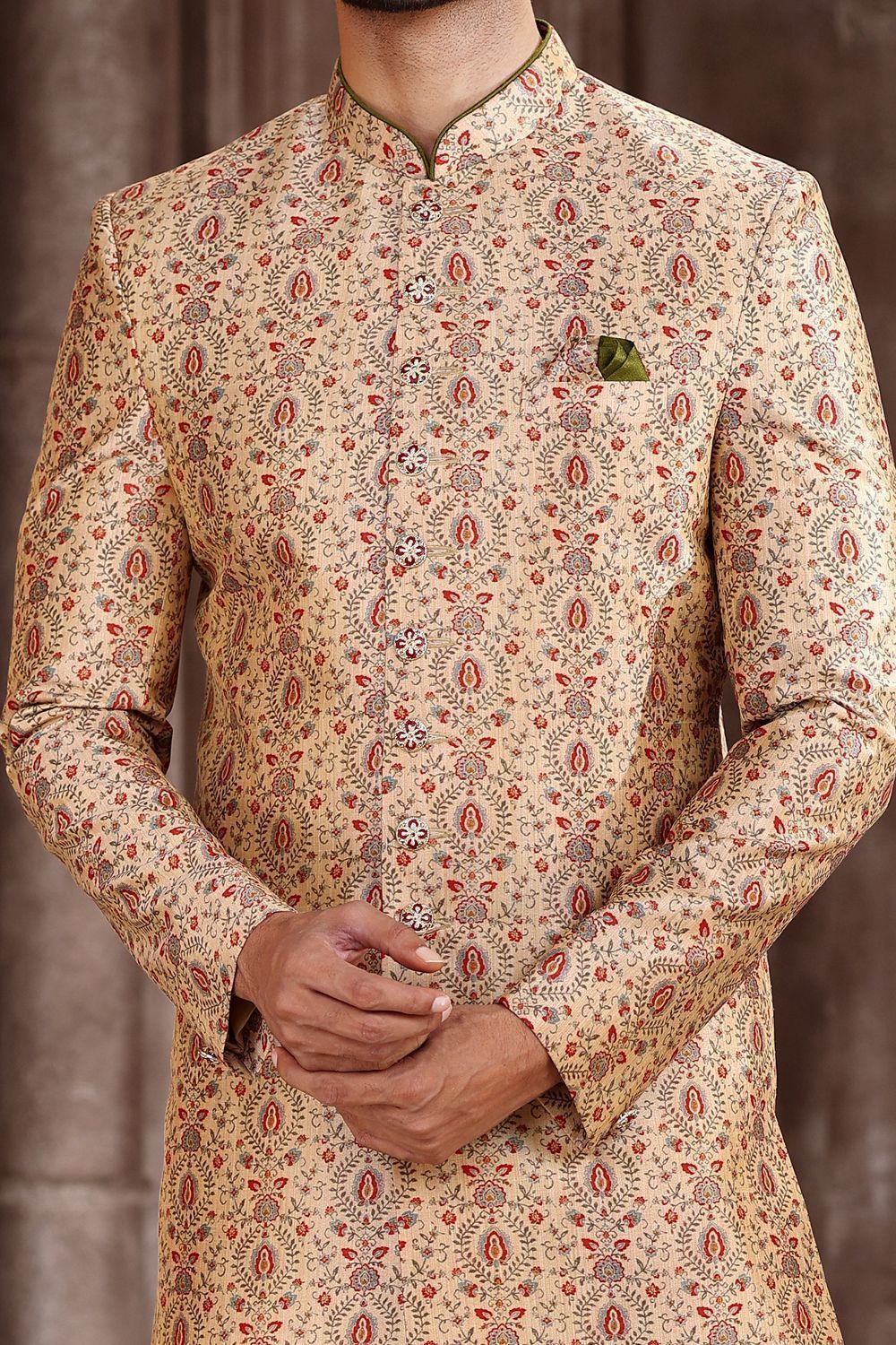 Beige Art Silk Mens Sherwani (NMK-6868) - Nihal Fashions