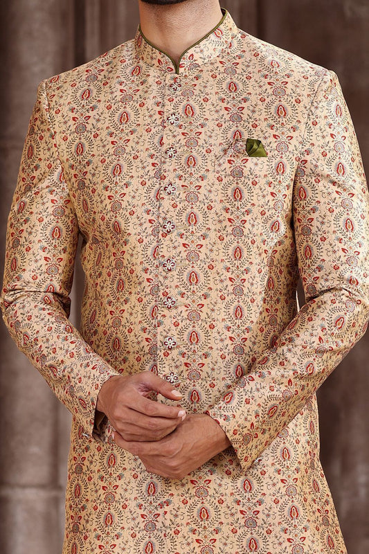 Beige Art Silk Mens Sherwani (NMK-6868) - Nihal Fashions