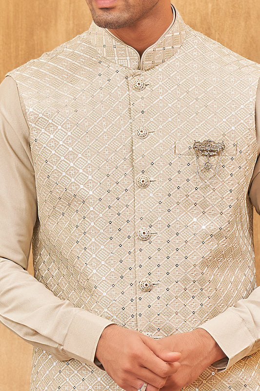 Beige Art Silk Nehru Jacket (NMK-8050) - Nihal Fashions