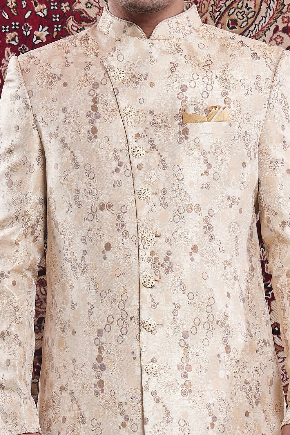 Beige Banarasi Jaquard Mens Indo Western (NMK-8550) - Nihal Fashions