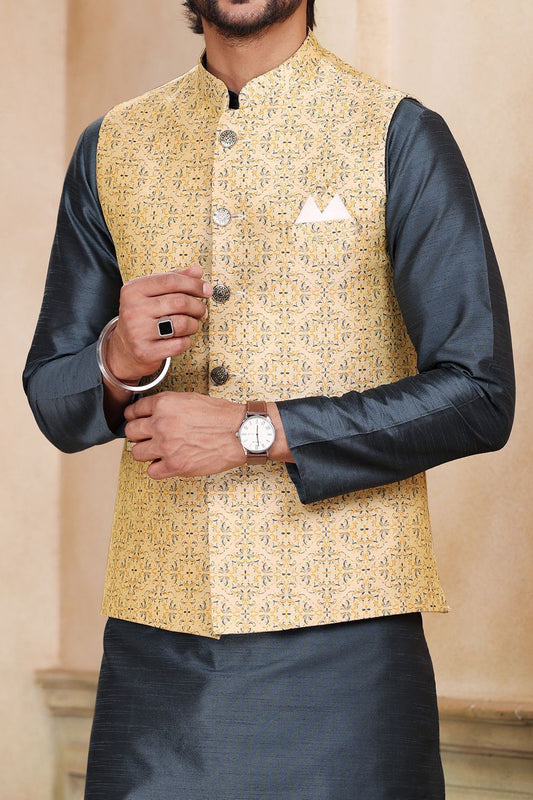 Beige Jaquard Banarasi Silk Nehru Jacket (NMK-6919) - Nihal Fashions