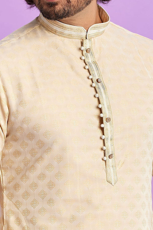 Beige Jaquard Silk Kurta Pajama (NMK-7568) - Nihal Fashions