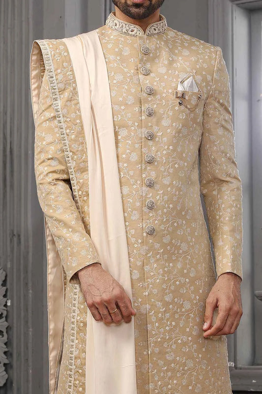 Beige Lucknowi Embroidered Mens Sherwani (NMK-5556)
