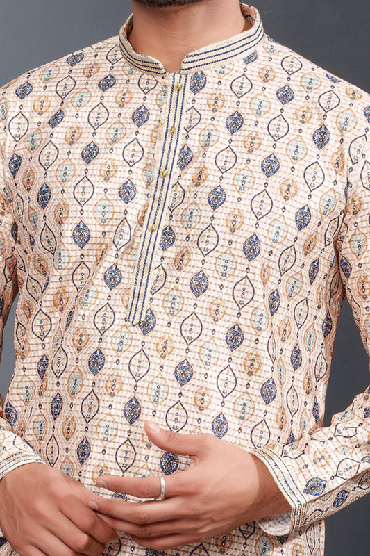 Beige Popcorn Fabric Kurta Pajama (NMK-8767) - Nihal Fashions