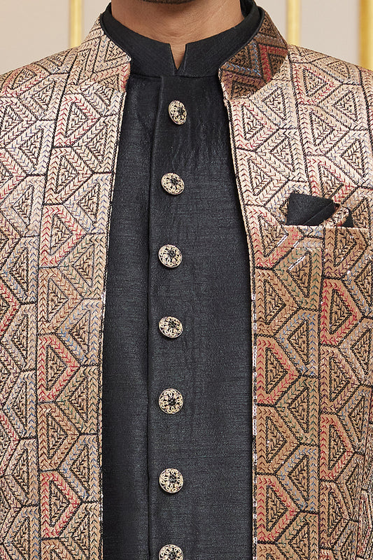 Black Art Silk Mens Indo Western (NMK-8273) - Nihal Fashions