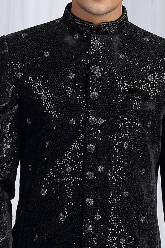 Black Art Silk Mens Sherwani (NMK-8653) - Nihal Fashions