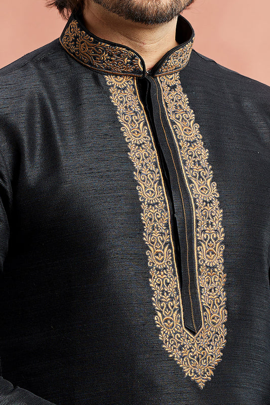 Black Banarasi Art Silk Kurta for Men (NMK-7942) - Nihal Fashions