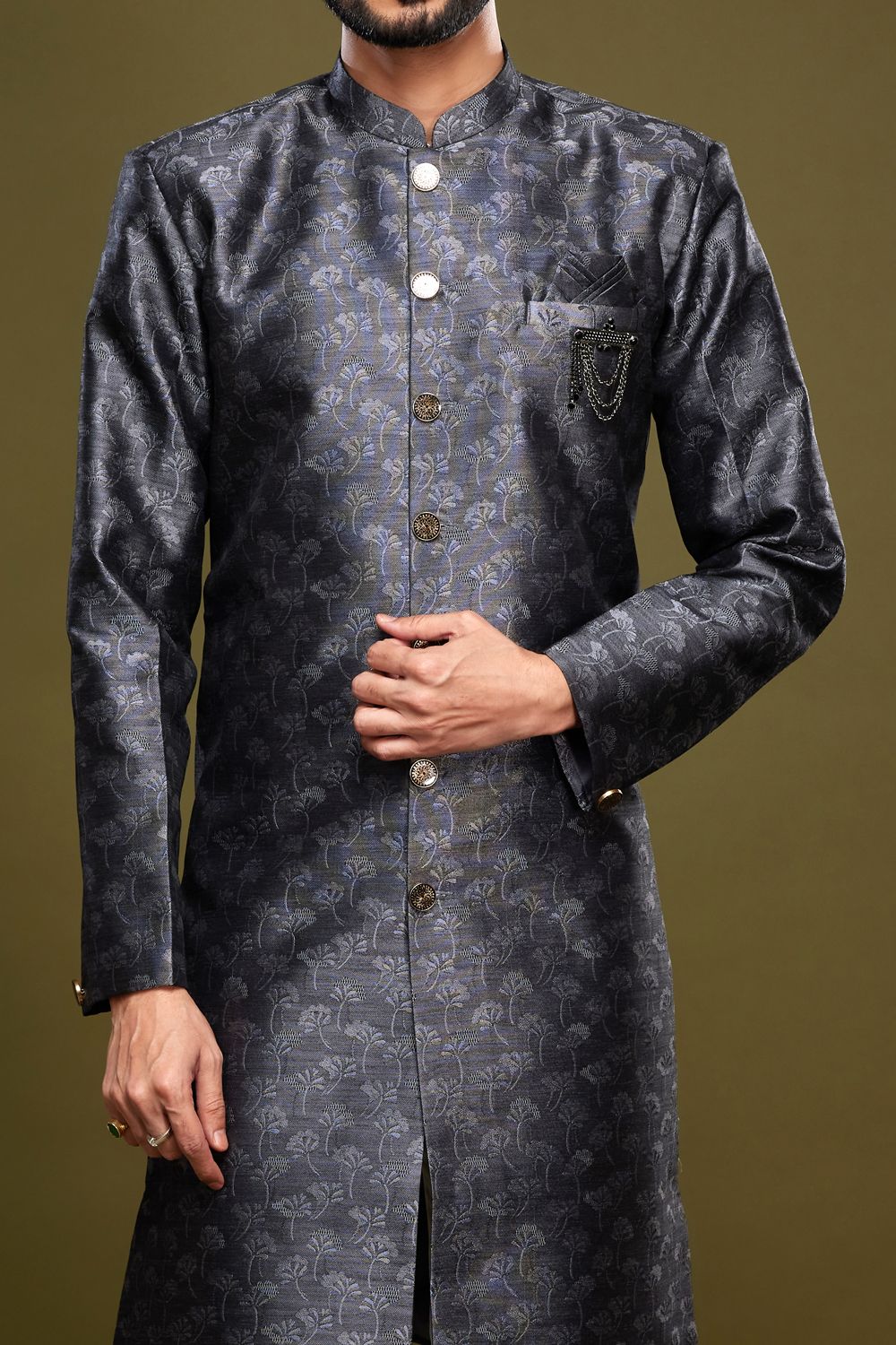 Black Banarasi Jaquard Mens Indo Western (NMK-7005) - Nihal Fashions