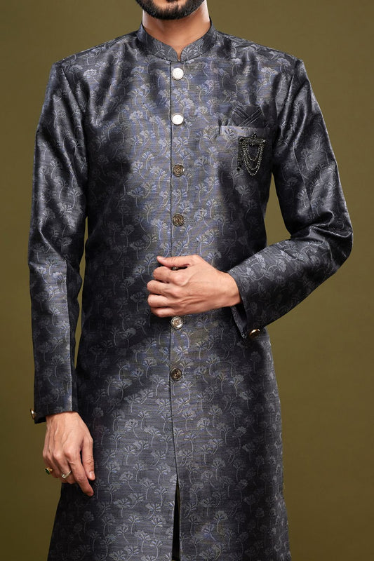 Black Banarasi Jaquard Mens Indo Western (NMK-7005) - Nihal Fashions