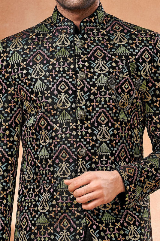 Black Banarasi Silk Mens Jodhpuri (NMK-7243) - Nihal Fashions