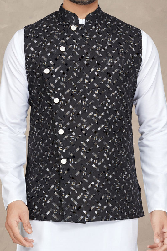 Black Cotton Mens Nehru Jacket (NMK-6947) - Nihal Fashions