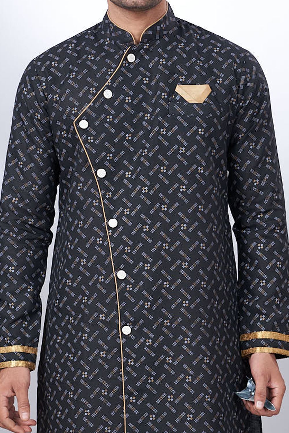 Black Cotton Printed Mens Indo Western (NMK-6924) - Nihal Fashions
