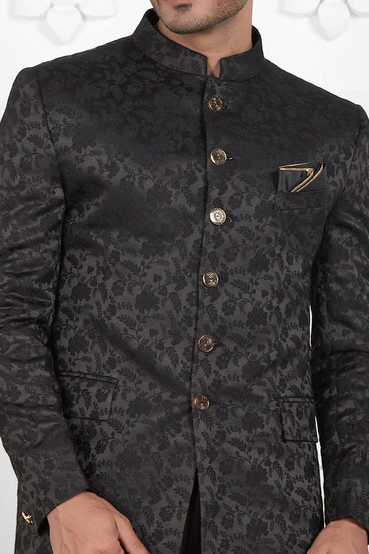 Black Imported Jaquard Silk Indo Western (NMK-7221) - Nihal Fashions