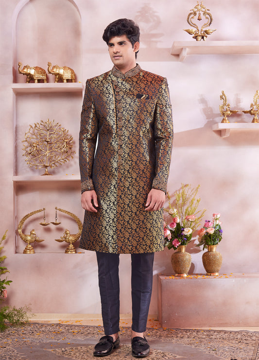 Black Jaquard Banarasi Silk Sherwani (NMK-8315) - Nihal Fashions