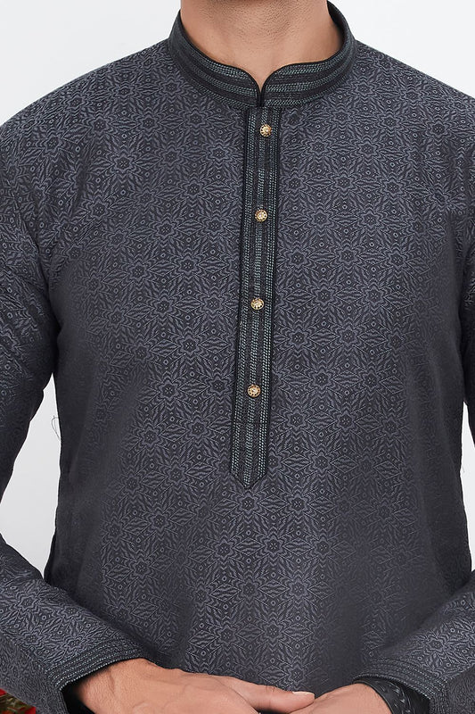 Black Jaquard Silk Brocade Kurta for Men (NMK-7749) - Nihal Fashions