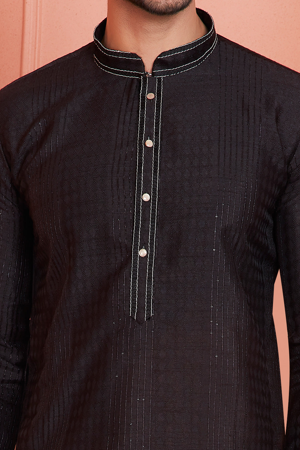 Black Jaquard Silk Brocade Kurta Pajama (NMK-8152) - Nihal Fashions