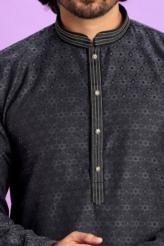 Black Jaquard Silk Kurta Pajama (NMK-7572) - Nihal Fashions