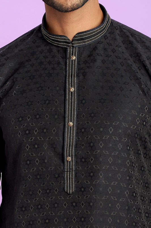 Black Jaquard Silk Kurta Pajama (NMK-7575) - Nihal Fashions