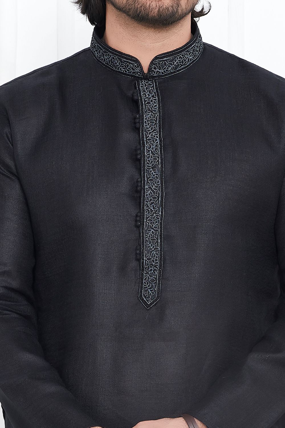 Black Linen Cotton Kurta Pajama (NMK-7596) - Nihal Fashions